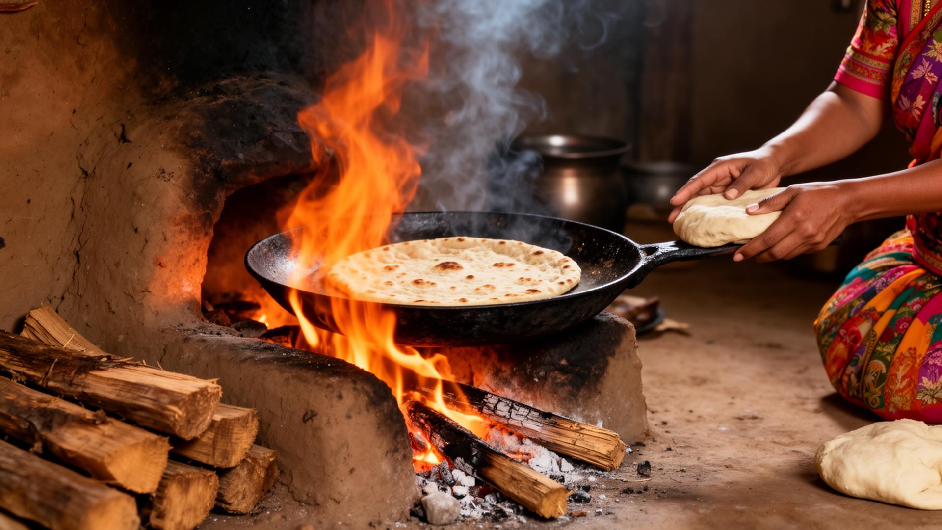 Cooking on a traditional chulha