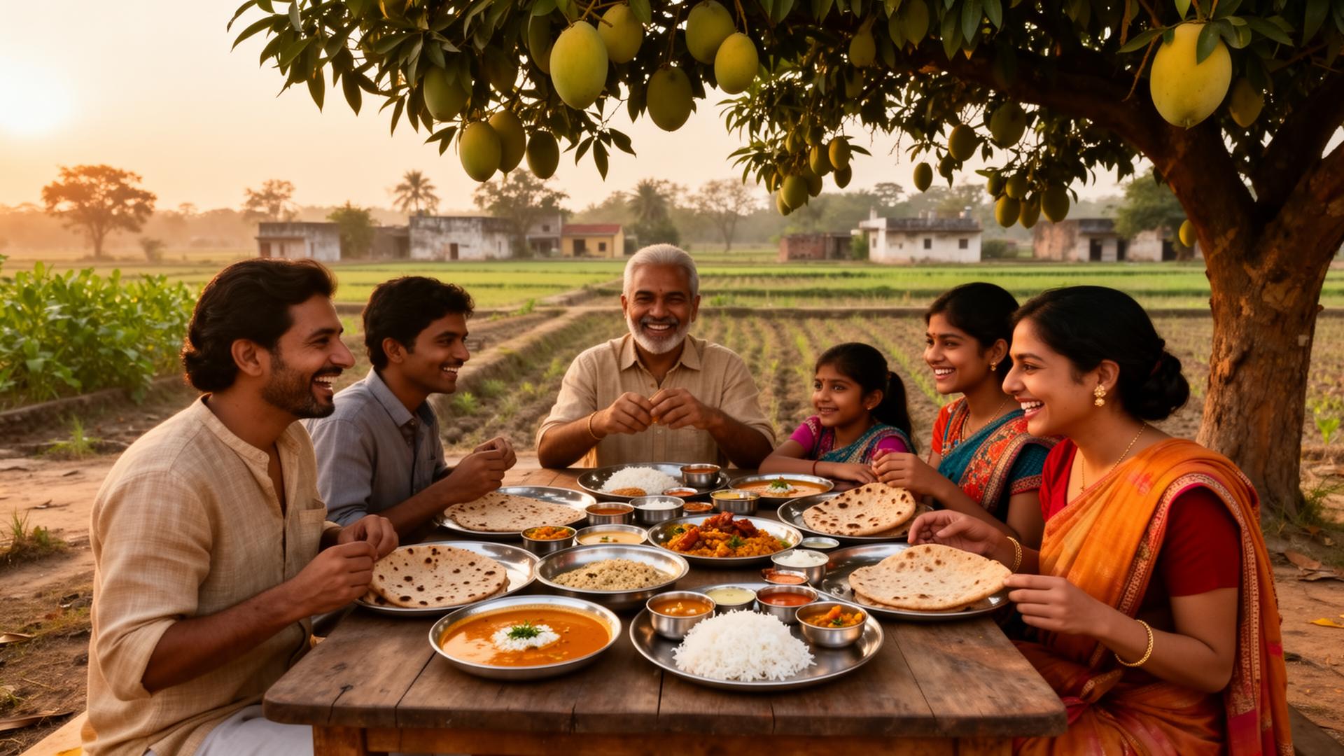 Family sharing a meal at the farm