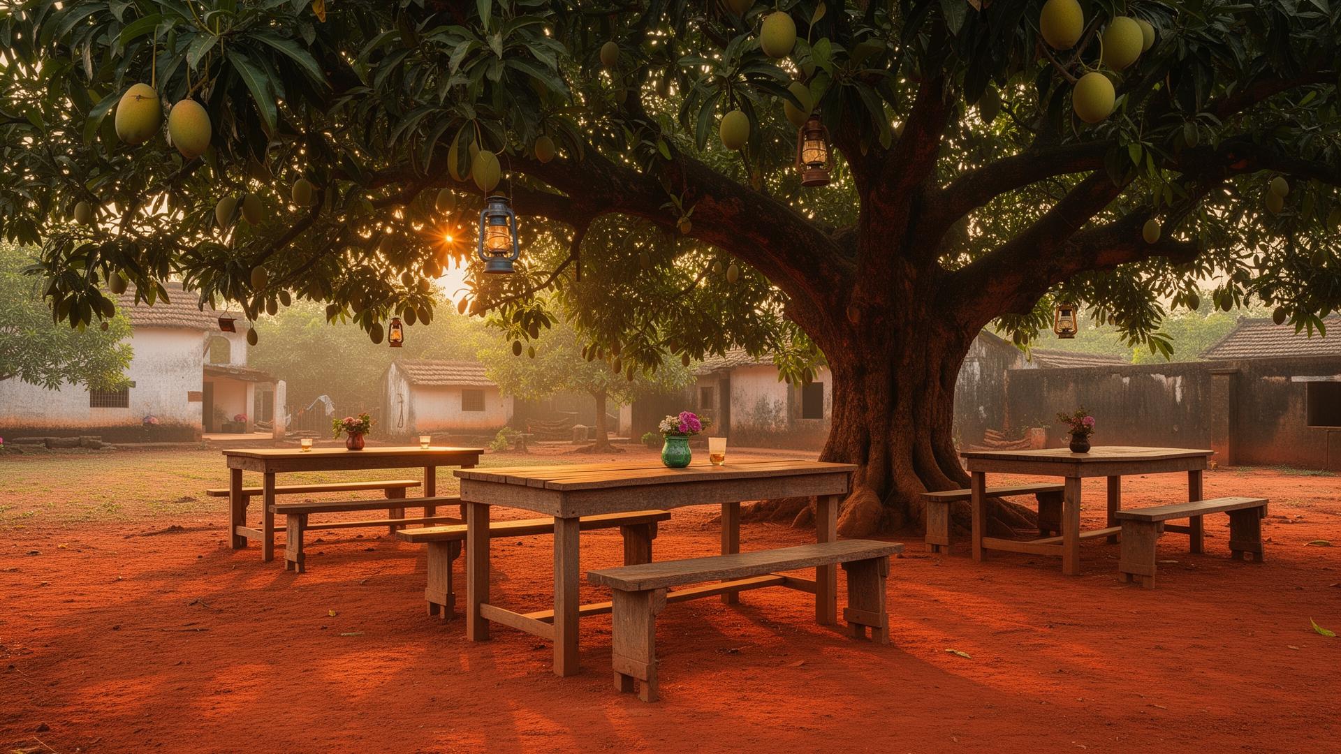 Wooden dining tables beneath the mango orchard