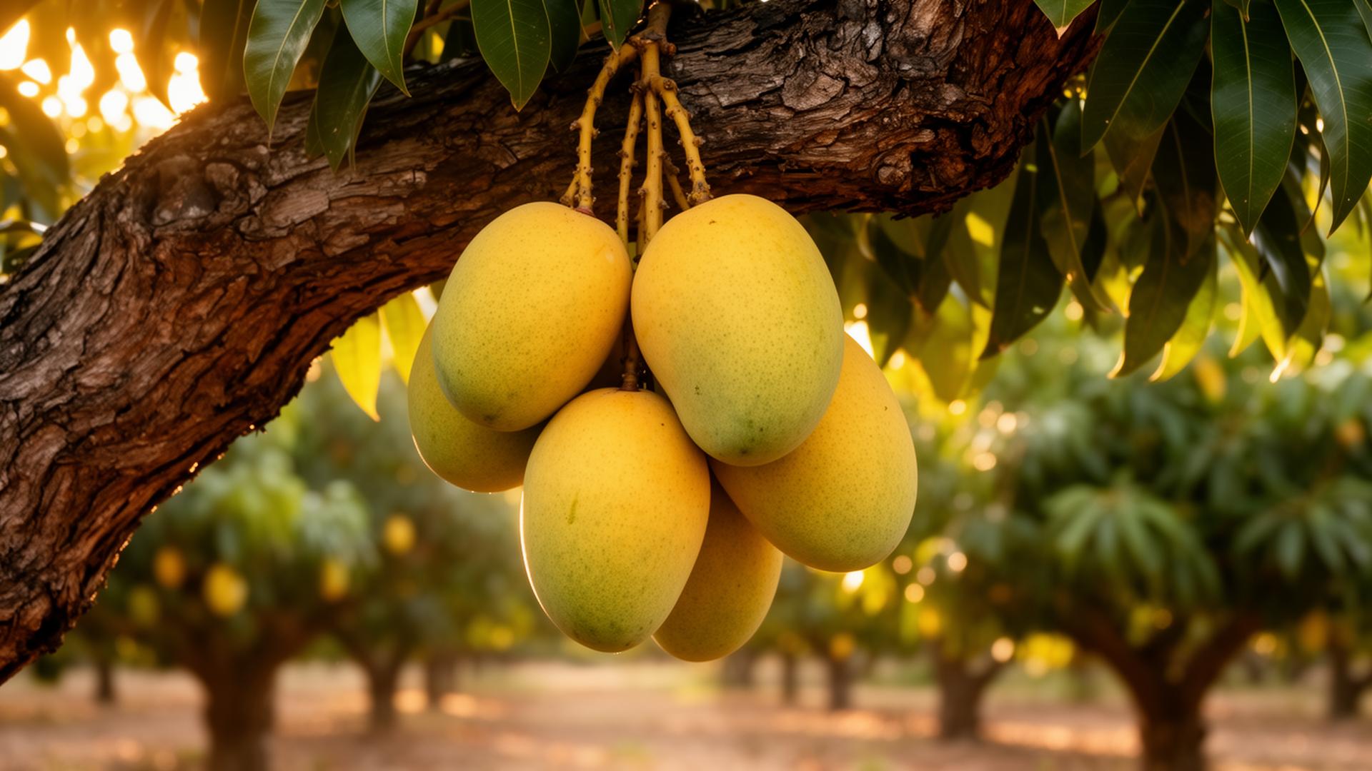Ripe mangoes on the branch