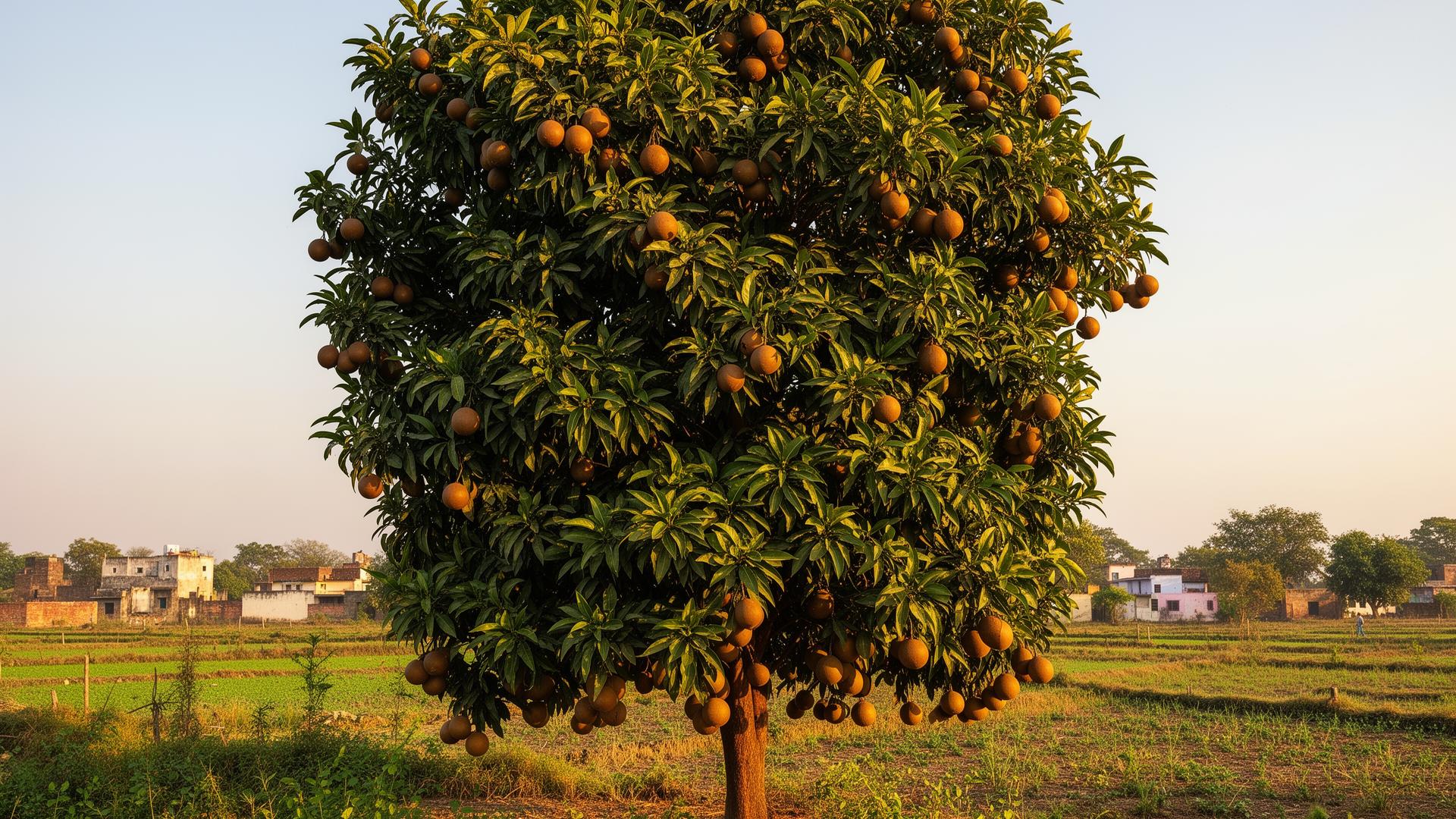 Sapodilla chikoo tree laden with fruit